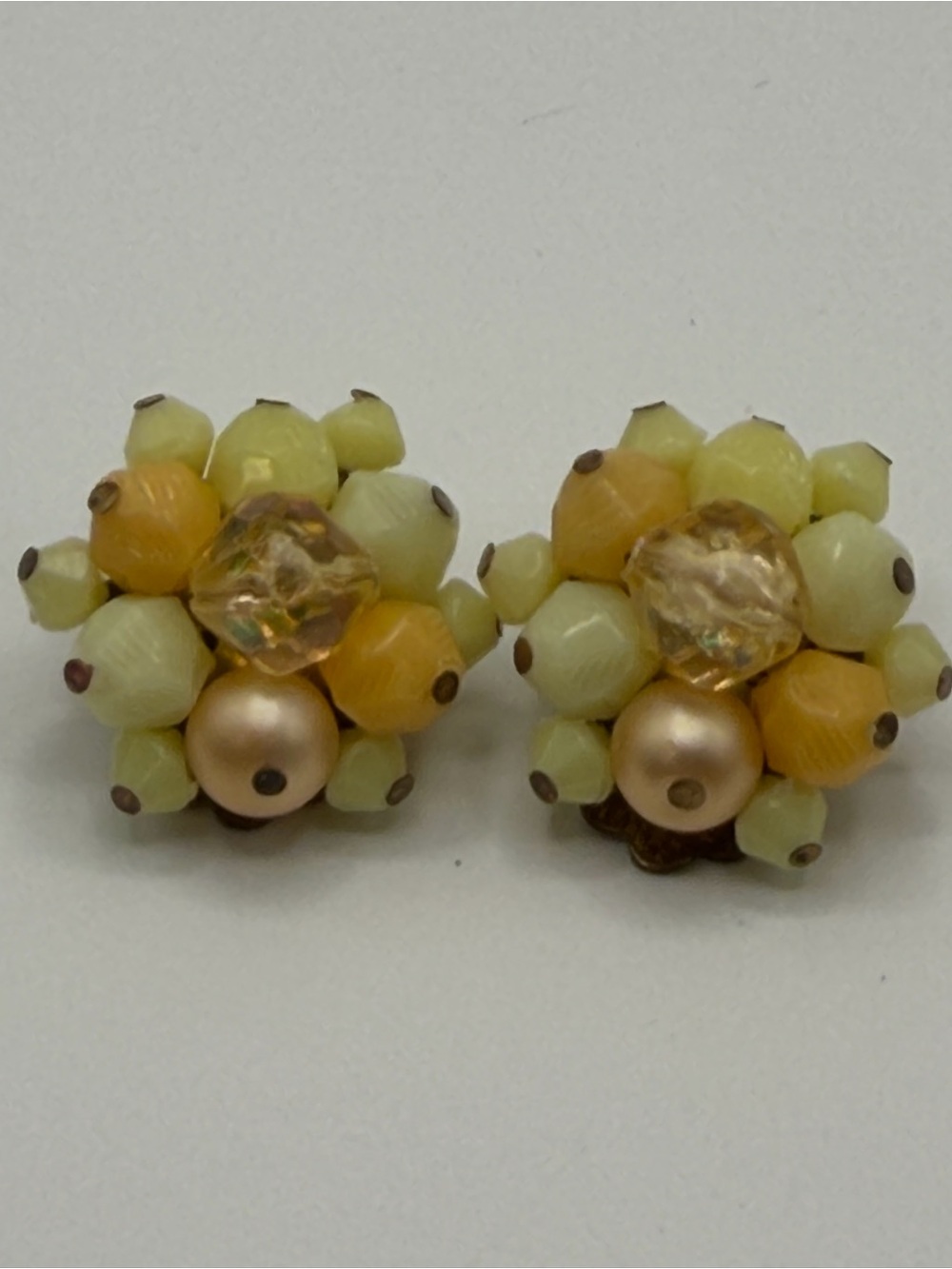 Vintage signed western Germany  Yellow and Cream Cluster Bead Clip-On Earrings